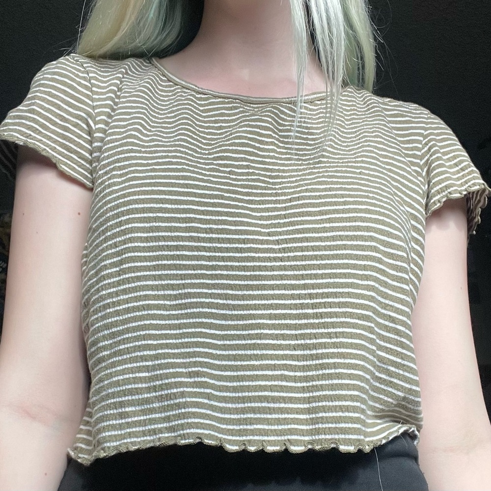 American Eagle Khaki Green & White Striped Baby Tee/Lettuce Hem Crop Top